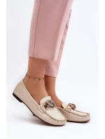 Skórzane Mokasyny Damskie Z Ozdobą Laura Messi 2761 Jasnobeżowe