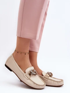 Skórzane Mokasyny Damskie Z Ozdobą Laura Messi 2761 Jasnobeżowe