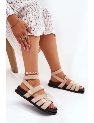 Eko Zamszowe Sandały Damskie Z Rzepami Beżowe Valpera