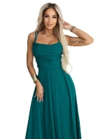 589-6 Maxi šaty bez ramienok s korzetovým zaväzovaním vzadu a rozparkom - fľaškovo zelené