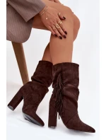 Dámské kotníkové boty na podpatku s třásněmi a žebrováním Zateplené Čokoládové Darlina