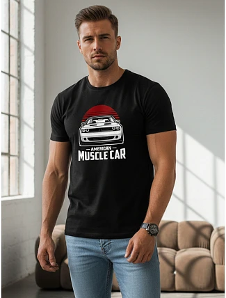 Pánske bavlnené tričko s potlačou muscle car čierne FashionStreet NX046R