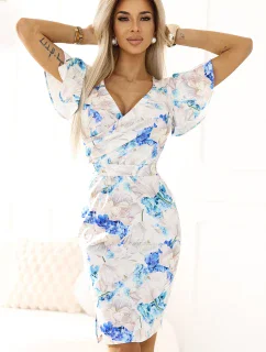 479-8 Šaty NINA s obálkovým výstrihom, rukávmi a opaskom - BLUE FLOWERS