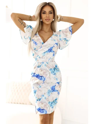 479-8 Šaty NINA s obálkovým výstrihom, rukávmi a opaskom - BLUE FLOWERS