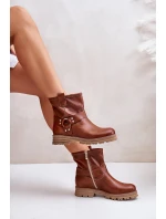Skórzane Botki Damskie Na Płaskim Obcasie Lewski 3610 Brązowe