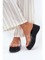 Klapki Damskie Z Transparentnym Paskiem Na Koturnie Czarne Meltiana