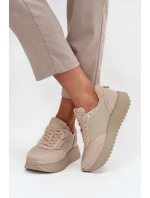 Skórzane Sneakersy Damskie Na Platformie Artiker 55C0021 Beżowe