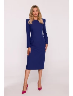 S412 Šaty v tvare ceruzky s ozdobnými ramenami - modré