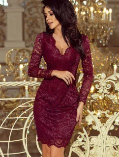 Dámske krajkové šaty v bordovej farbe s dlhými rukávmi a výstrihom model 6394168