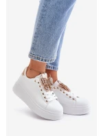 Sneakersy Damskie Na Platformie Z Motylem Biało-Złote Naritevia