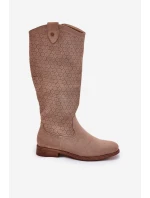 Kozaki Na Płaskim Obcasie Z Ażurowym Wzorem S.Barski HY51-062 Beżowe