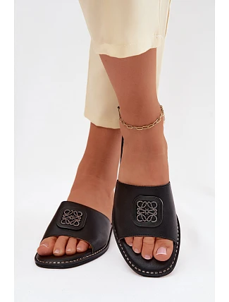 Kožené pantofle s plochým podpatkem ozdoba S.Barski KV61-6019 Černé