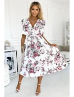 466-1 Šaty GABRIELLA s volánom, výstrihom a viazaním - BIELE S HRAJÚCIMI PINKAMI