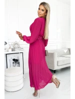 414-4 KLARA plisované šaty s opaskom a výstrihom - FUCHSY