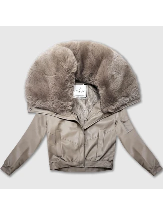 Kožená bunda s veľkým kožušinovým golierom Glakate cold beige (LU98090#)
