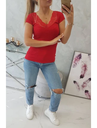 Blúzka s čipkovým výstrihom červená