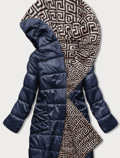 Tmavo modro-béžová preložená obálková dámska bunda s kapucňou (B8040-3046)