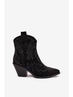 Ocieplane Damskie Botki Kowbojki Ze Zdobieniem Czarne Lelira