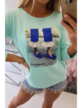 Blúzka s 3D grafikou so zirkónmi mint Blúzka s 3D grafikou so zirkónmi mint