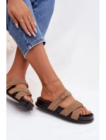 Dámské pantofle s pásky a zlatým přezkou tmavě béžové Selorina