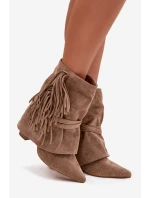 Dámské kotníkové boty na jehlovém podpatku s třásněmi a zlatými přezkami béžové Evelisse