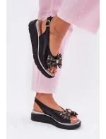 Skórzane Sandały Damskie Na Koturnie Z Kokardą Zazoo 1882 Czarne