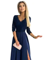 309-6 AMBER elegantné čipkované dlhé šaty s výstrihom - ZELENÉ
