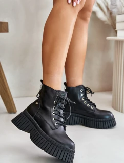 Ocieplane Skórzane Botki Trapery Na Masywnej Podeszwie GOE OO2N4126 Czarne