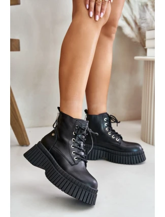 Ocieplane Skórzane Botki Trapery Na Masywnej Podeszwie GOE OO2N4126 Czarne