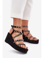 Sandały Damskie Na Koturnie Ze Zdobieniem Na Paskach Czarne Lunara