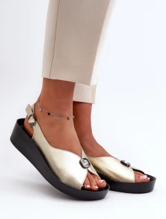 Skórzane Sandały Damskie Na Koturnie I Platformie S.Barski KV51-020 Złote