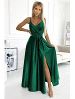 512-1 JULIET elegantné dlhé saténové šaty s výstrihom - BOTTLE GREEN