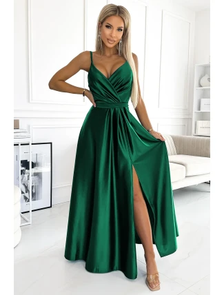 512-1 JULIET elegantné dlhé saténové šaty s výstrihom - BOTTLE GREEN