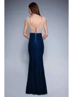 Dámske spoločenské šaty šoky soka s perličkami a čipkou dlhé tmavo modré - Tmavo modrá / XL - šoky & soka