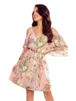 MARINA - Vzdušné dámske šifónové šaty v ružovej farbe s kvetinovým vzorom a dekoltom 292-1