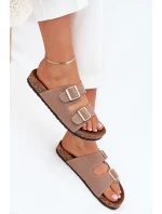 Klapki Damskie Ze Złotymi Klamrami I Przeszyciami Khaki Lunera