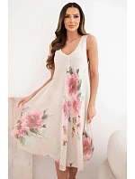 Dámske bavlnené oversize šaty s výstrihom do V a kvetinovou potlačou v béžovej farbe