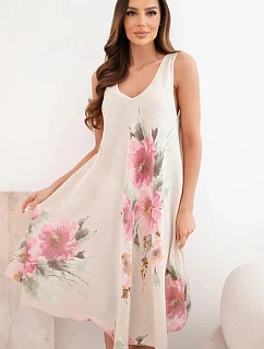 Dámske bavlnené oversize šaty s výstrihom do V a kvetinovou potlačou v béžovej farbe