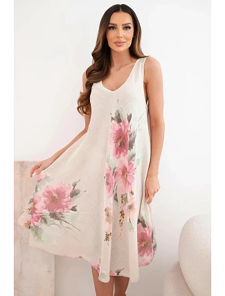 Dámske bavlnené oversize šaty s výstrihom do V a kvetinovou potlačou v béžovej farbe
