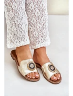 Skórzane Klapki Z Ozdobą Na Płaskim Obcasie Zazoo 3047/O Złote