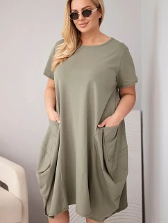 Plus veľkosť dámske bavlnené šaty s vreckami Khaki