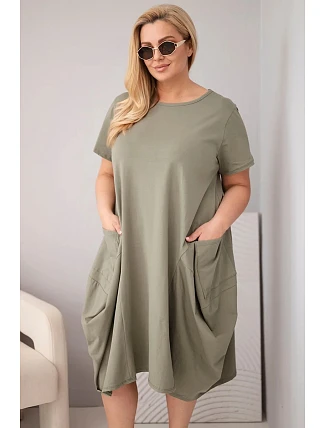 Plus veľkosť dámske bavlnené šaty s vreckami Khaki