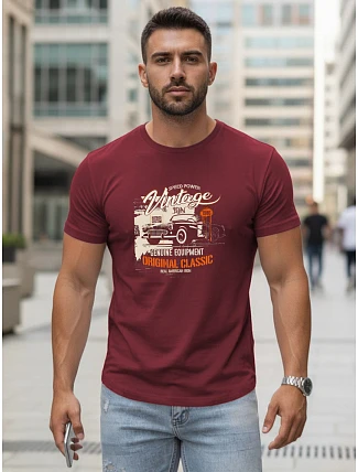 Pánske bavlnené tričko VINTAGE CAR s potlačou FashionStreet bordová NX5082R Pánske bavlnené tričko VINTAGE CAR s potlačou FashionStreet bordová NX5082R
