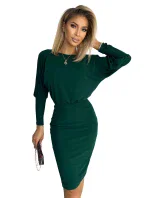 LARA - Dámske šaty vo fľaškovo zelenej farbe so sťahovacími lemami na rukávoch 399-2