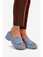 Materiałowe Klapki Damskie Na Platformie I Koturnie Jeansowe Afisal