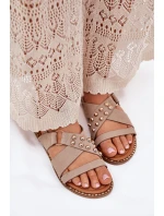 Sandały Damskie Na Płaskim Obcasie Ze Złotymi Ćwiekami Beżowe Zanira