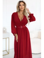 639-1 Elegantné plisované maxi šaty s opaskom a obálkovým výstrihom - bordové