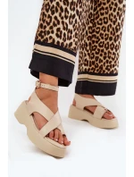 Sandały Damskie Na Platformie I Koturnie Eko Skórzane Beżowe Tenzorus