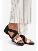 Sandały Damskie Płaskie Z Elastycznymi Paskami Czarno-Złote Marinea