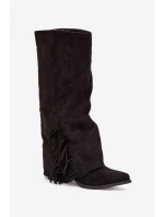 Wsuwane Kozaki Kowbojki Damskie Na Słupku Z Frędzlami Czarne Zalia